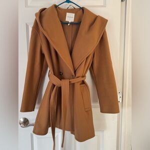 Avec Les Filles camel colored wrap and button coat with dramatic hood